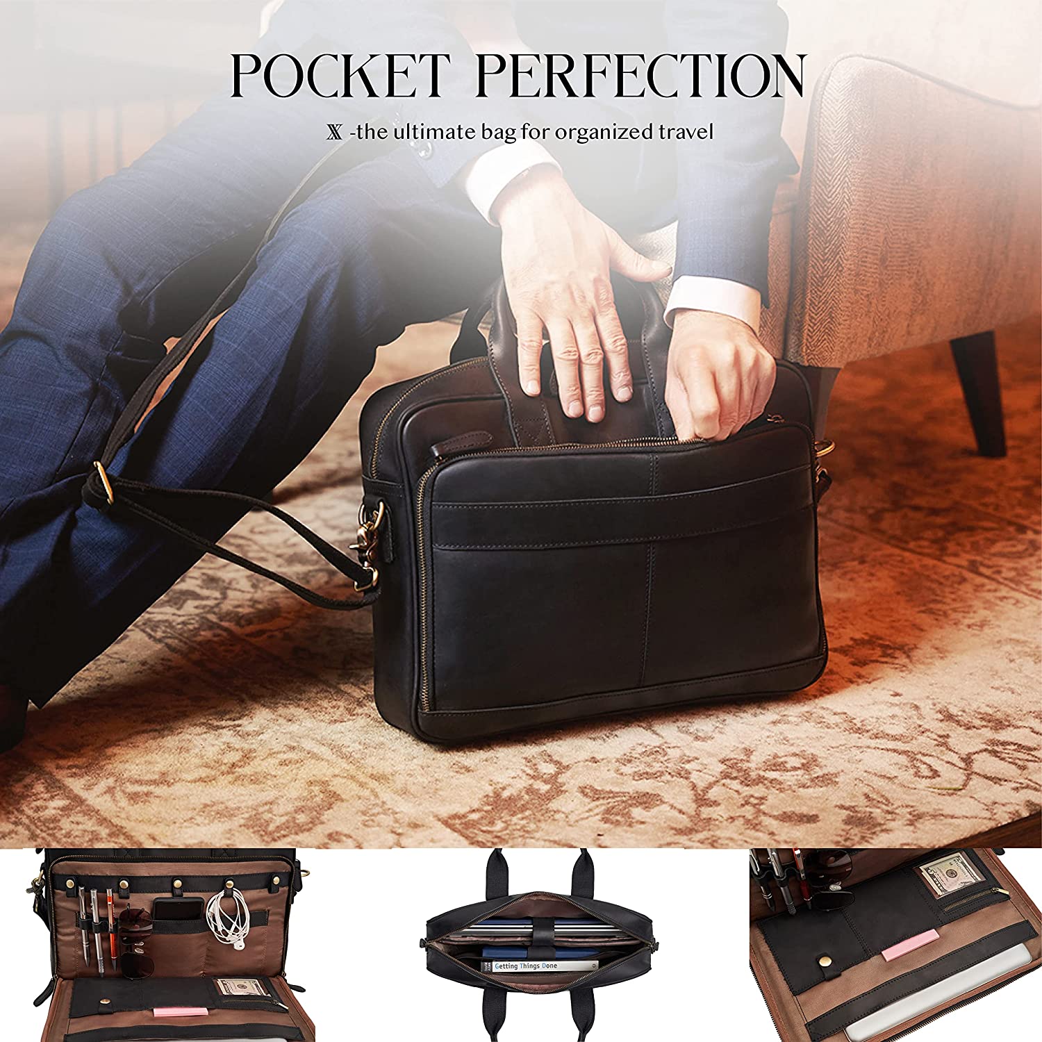 Luxorro Full Grain Leather Briefcases For Men， Handcrafted Leather Laptop Bag For Men， Our Leather Bags For Men Come In A Beautiful Gift Box， Perfect Christmas Gifts For Men， Brown， Fits 15.6" Laptop - Image 4